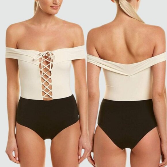 White One Piece Swimsuit 4‎ Black Off Shoulder Colorblock Lace Up Hipster Anja - Picture 2 of 11